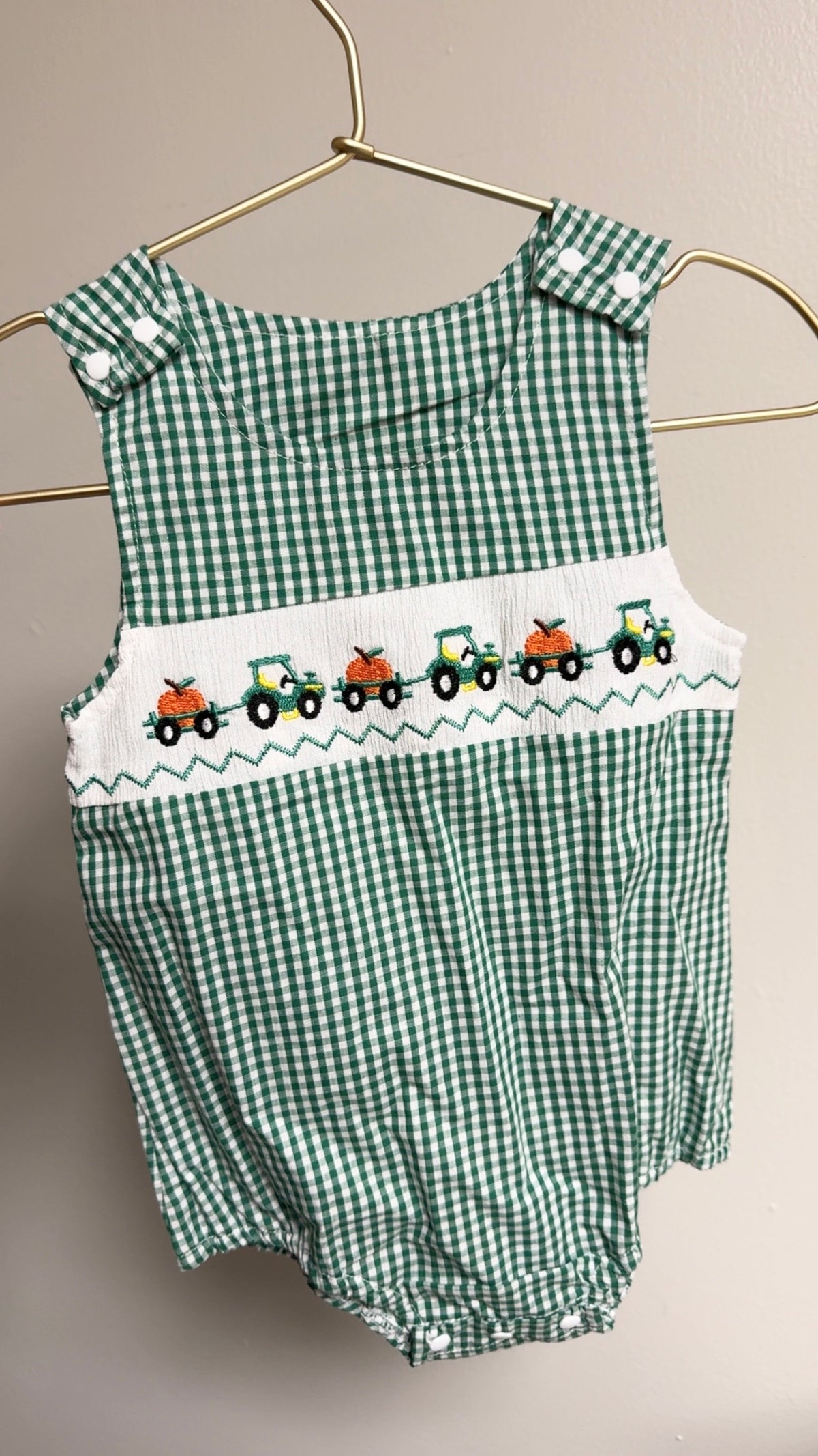 Green Tractor Pumpkin Gingham Onesie