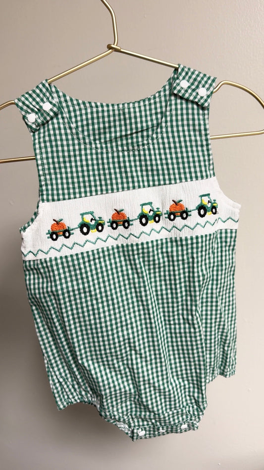 Green Tractor Pumpkin Gingham Onesie