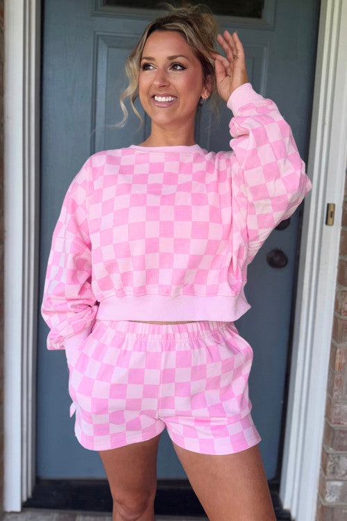 Pink Plaid Checkered Long Sleeve Crop Top Short Set