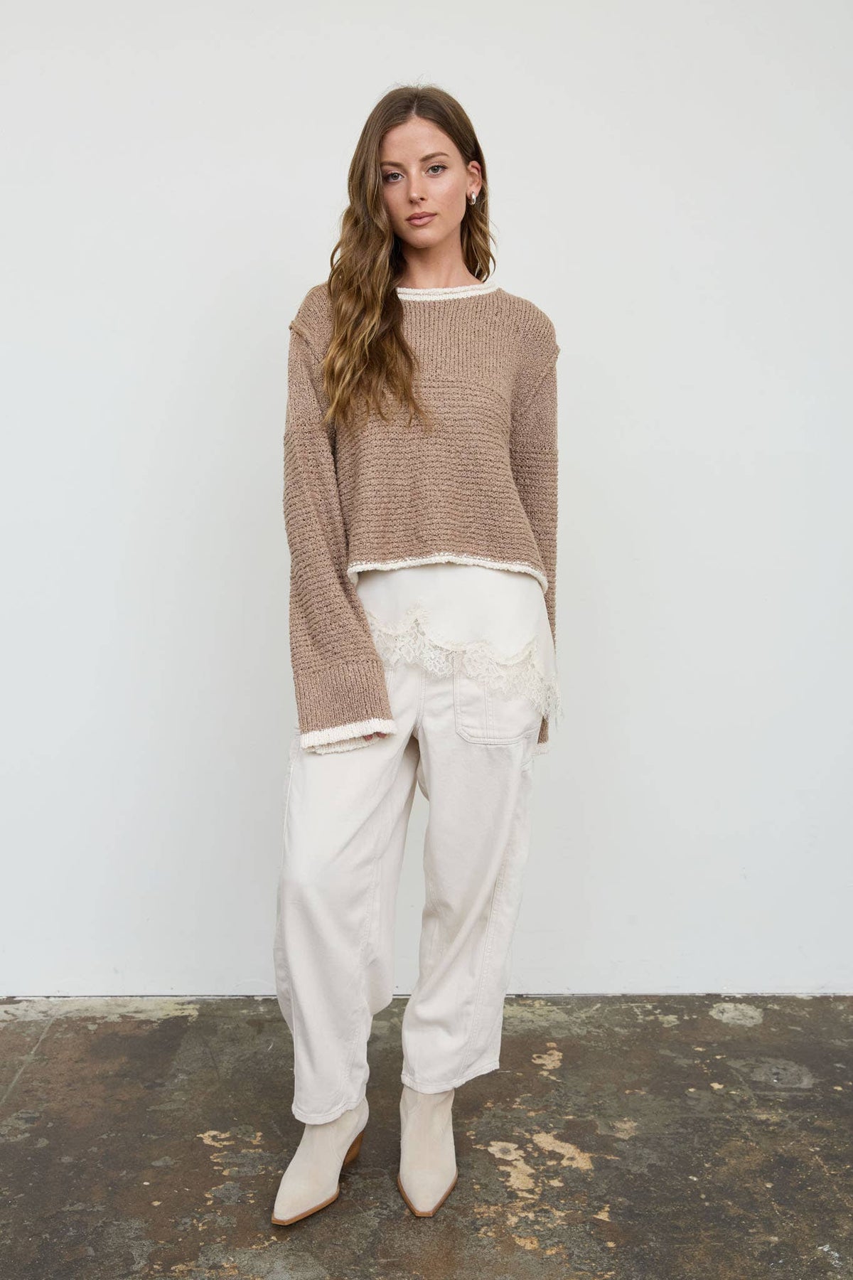 CONTRAST TRIM AND KNIT PATTERN LONG SLEEVE SWEATER