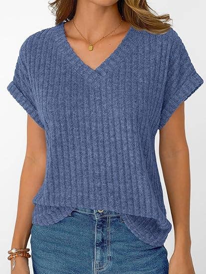 Ribbed Knit V-Neck Top – Relaxed Fit Casual Summer Tee