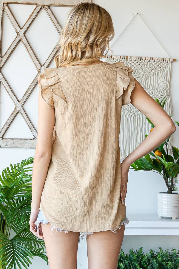 V-Neck Crinkle Blouse w Ruffle Sleeves