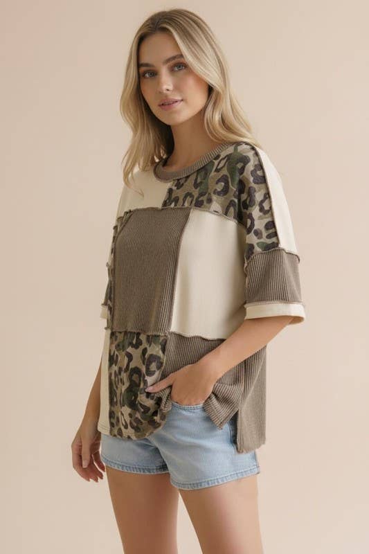 Camo Animal Print Color Block Top