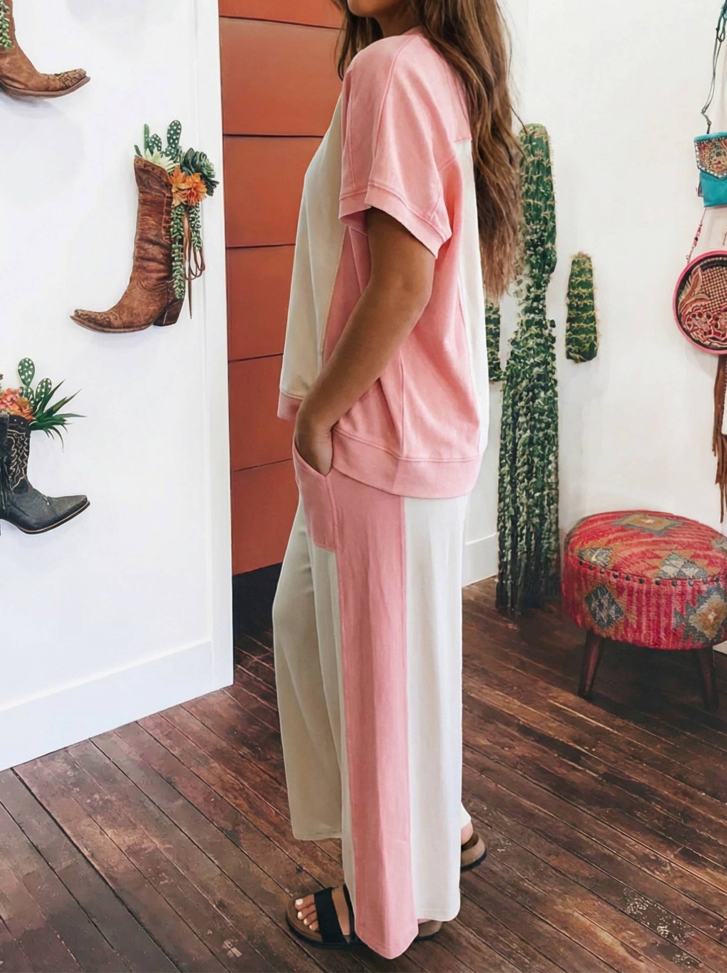 Summer Color Block Patchwork Tee Drawstring Loose Pant Set