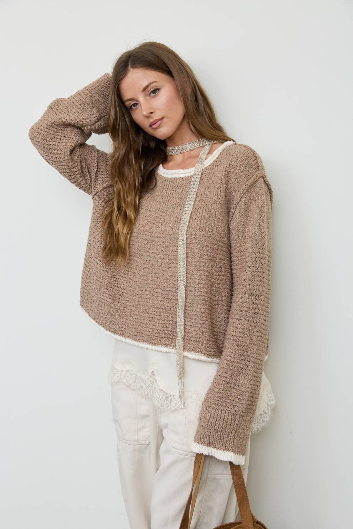 CONTRAST TRIM AND KNIT PATTERN LONG SLEEVE SWEATER