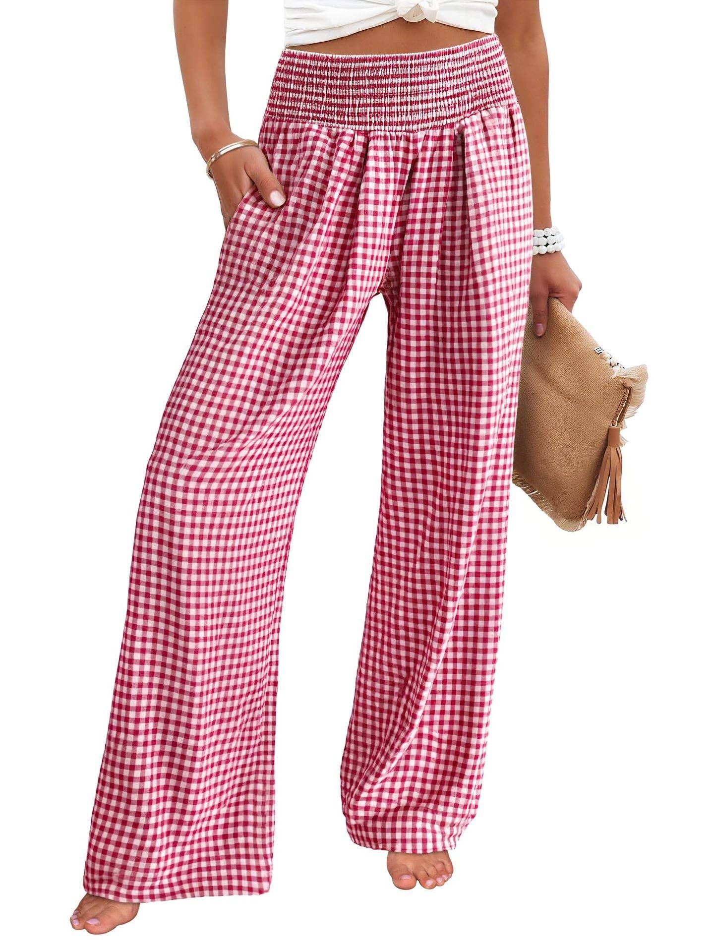 Gingham High Waist Wide Leg Pants with Pockets
