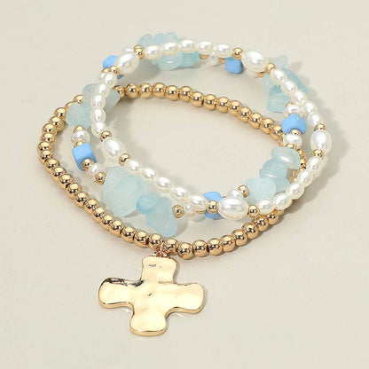 3PCS - Hammered Metal Cross Charm Pearl Beaded Stretch Multi Layered Bracelets