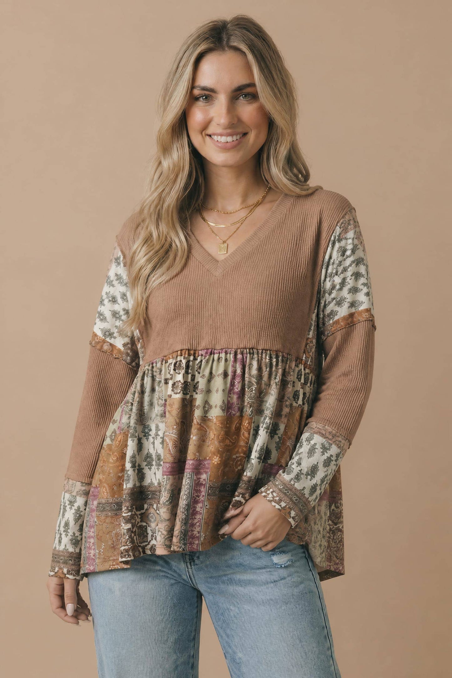 Boho Print Color Block Knit Top
