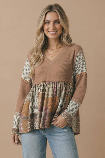 Boho Print Color Block Knit Top