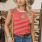 Fashion Stripe Ribbed Round Neck Trim Loose Tank Top