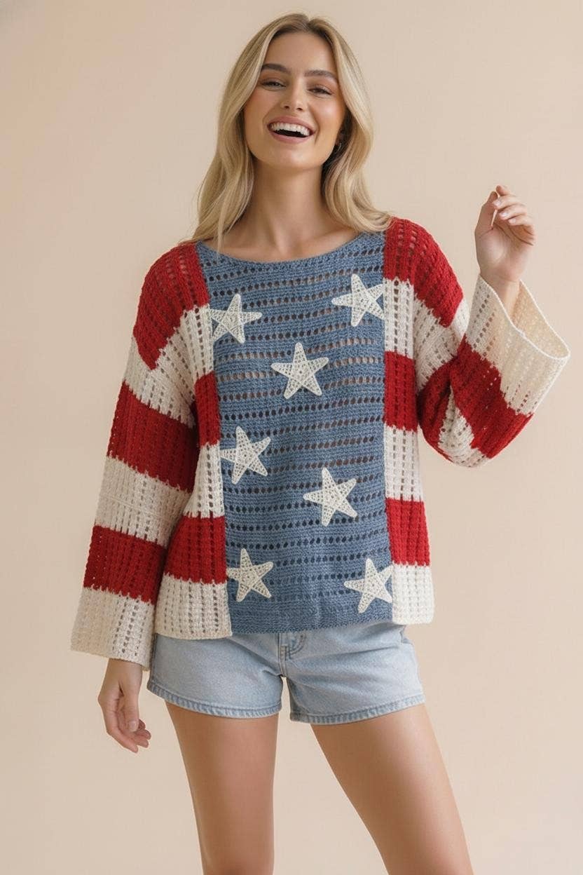 Long Sleeve Star and Stripe Crochet Sweater
