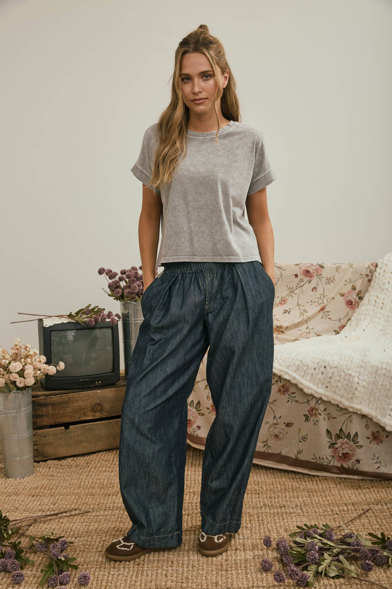 WASHED SHORT SLEEVE BOXY KNIT TOP