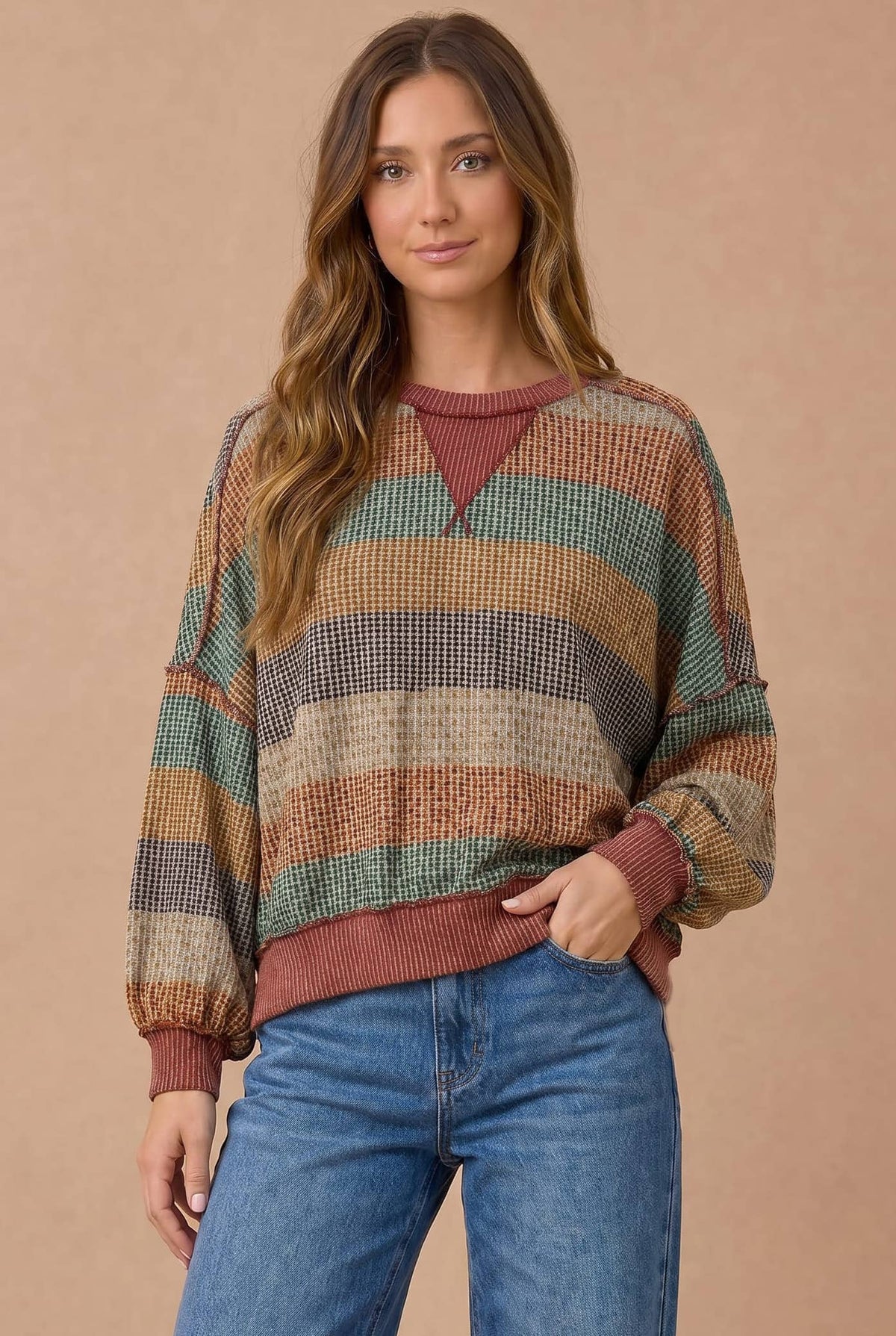 Stripe Waffle Wave Rib Banded Hem Pullover