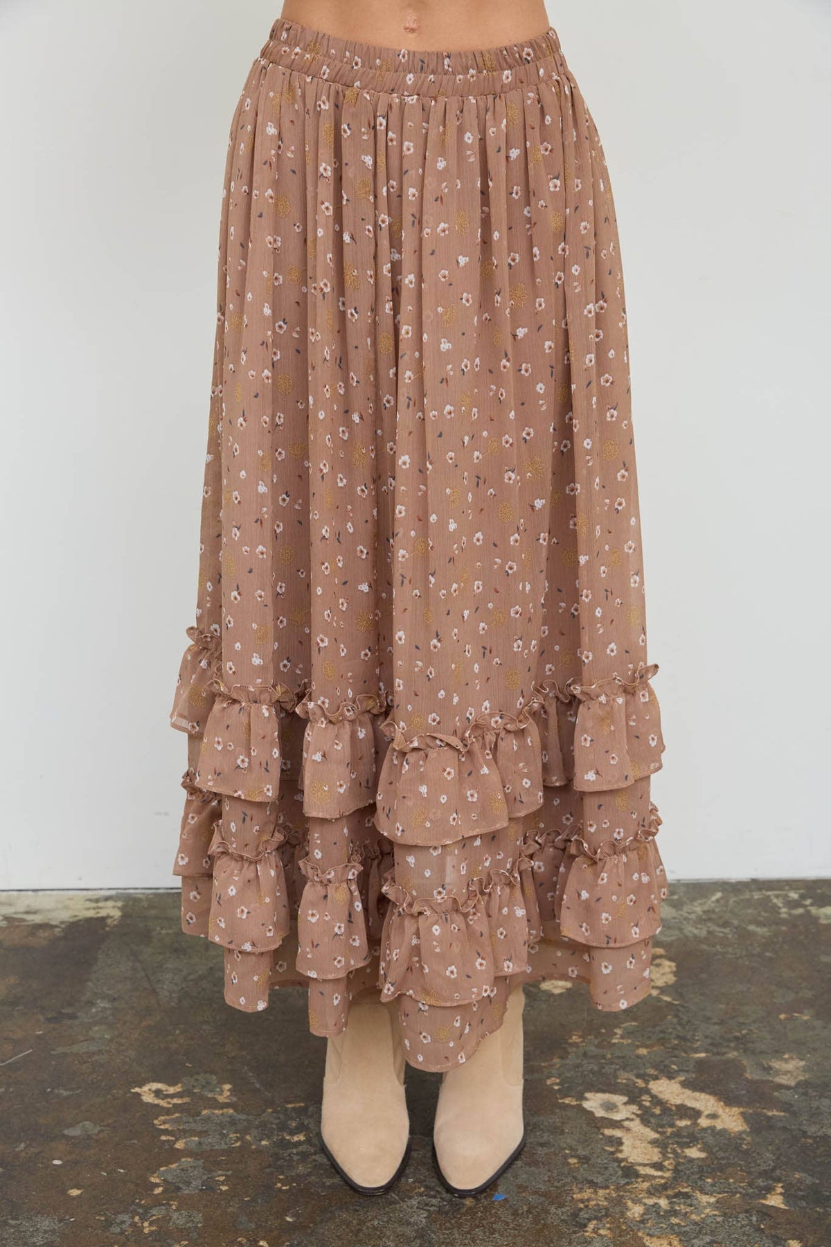 FLORAL RUFFLED TIERED HEM MIDI SKIRT