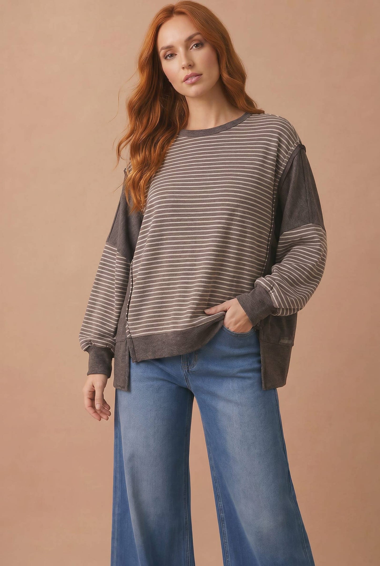 Drop Shoulder Stripe Color Block Pullover Top