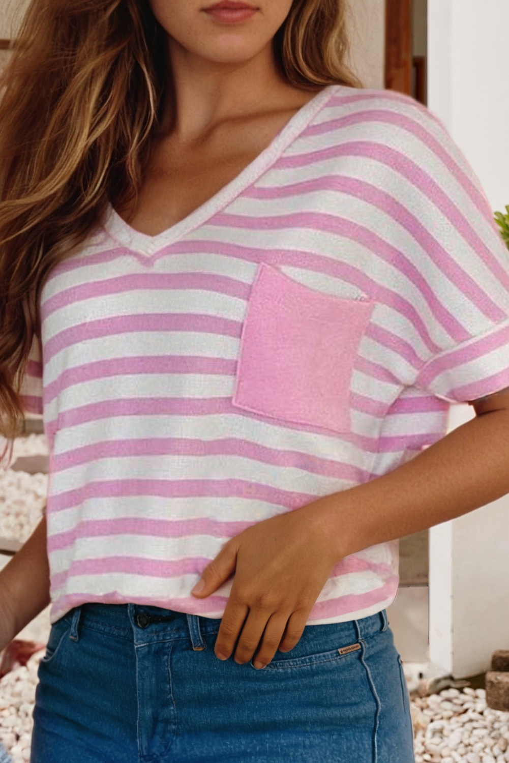 Spring Stripe V Neck Patched Pocket Casual T Shirt