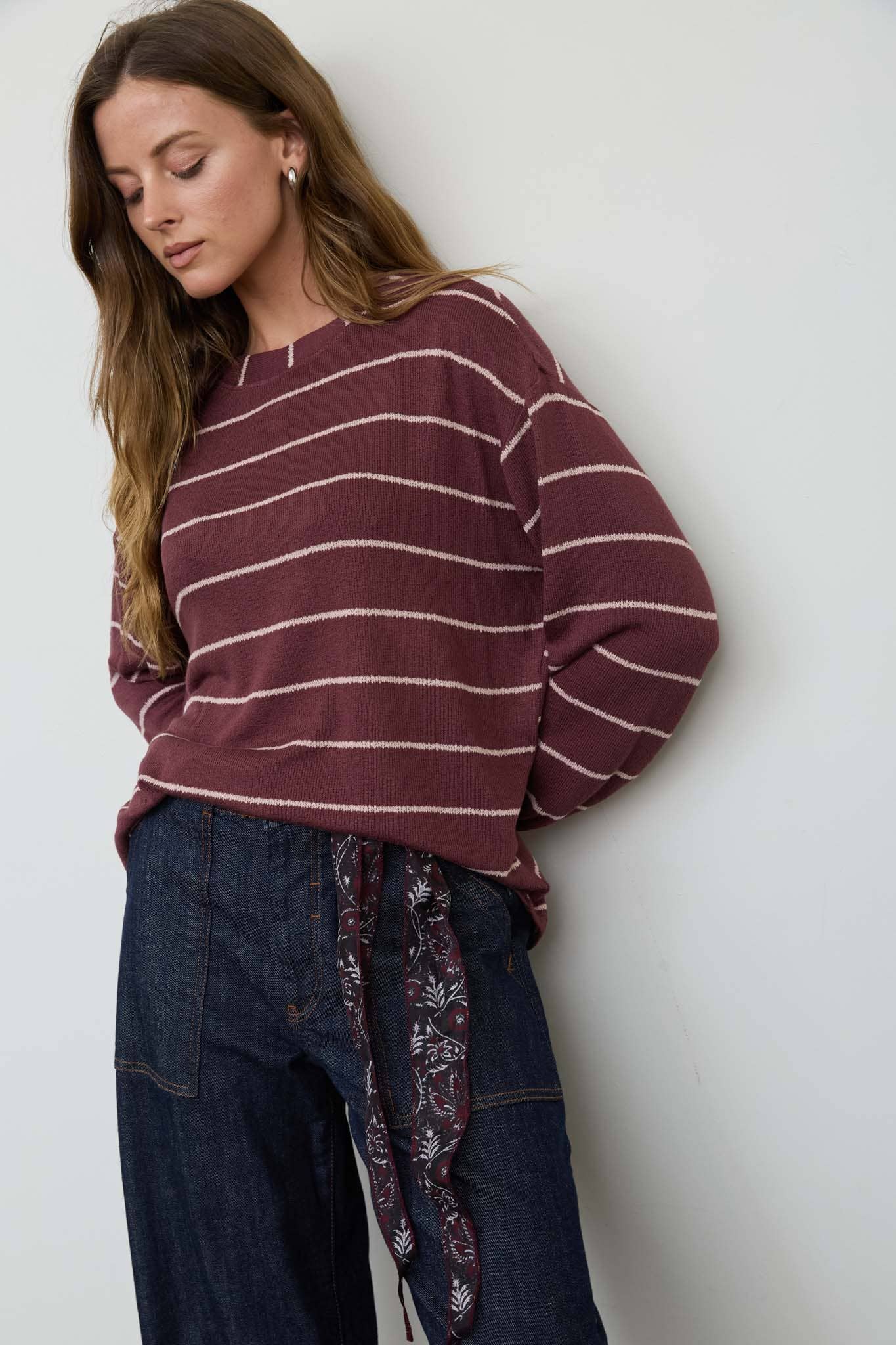 STRIPE LONG SLEEVE CUFFED RELAXED KNIT TOP