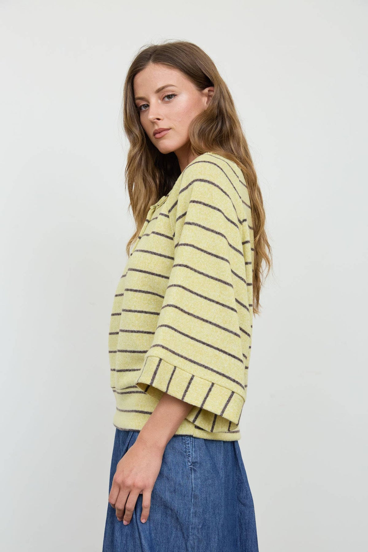 STRIPE HENLEY WIDE LONG SLEEVE KNIT TOP