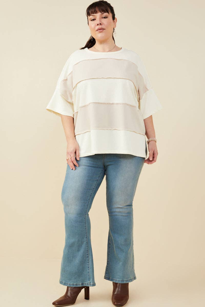 Womens Raw Edge Detail Color Block French Terry Knit Top