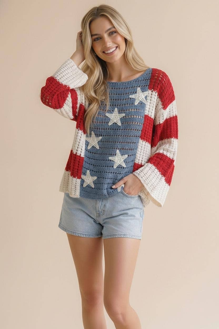 Long Sleeve Star and Stripe Crochet Sweater