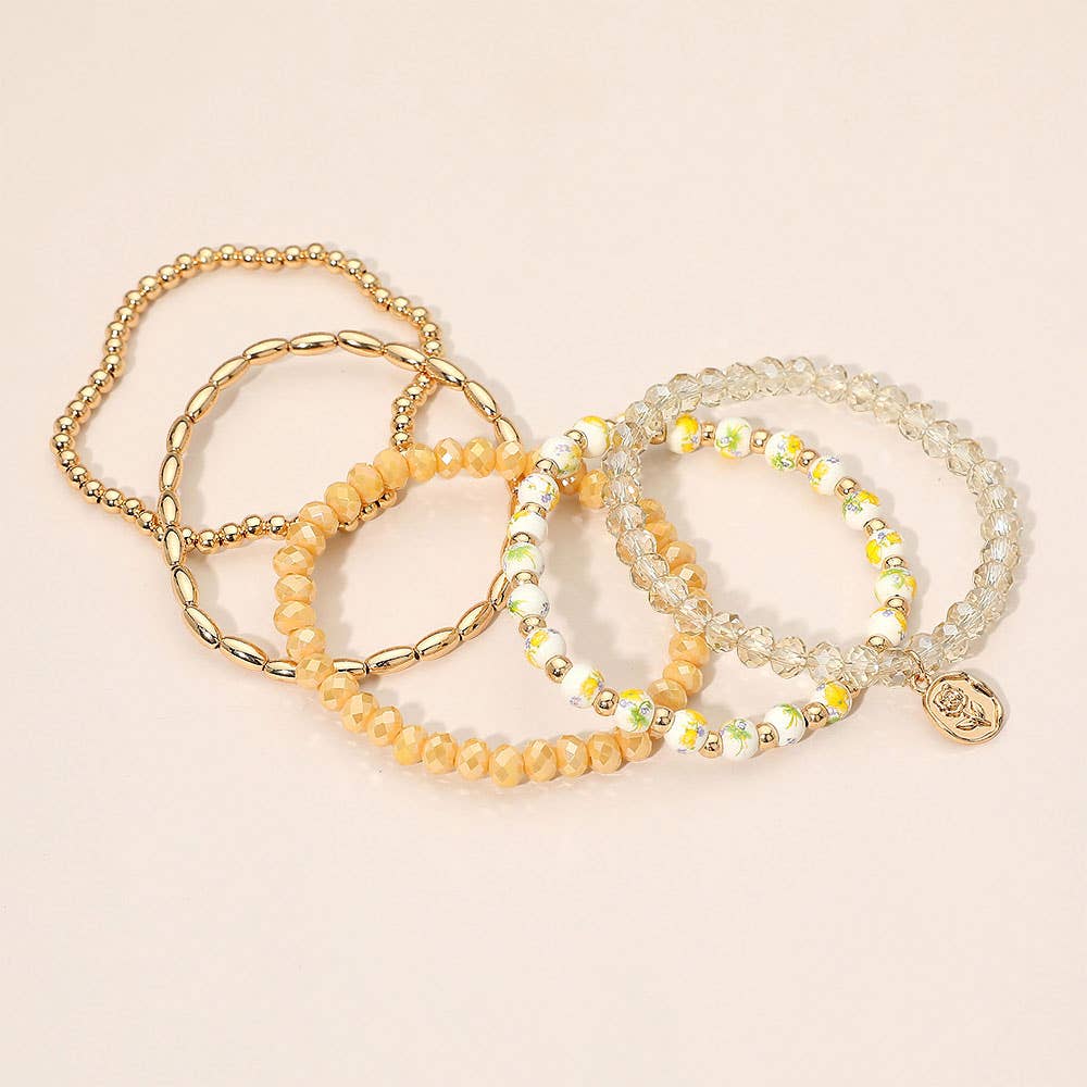 5PCS - Flower Stem Embossed Oval Charm Faceted Beaded Stretch Multi Layered Bracelets