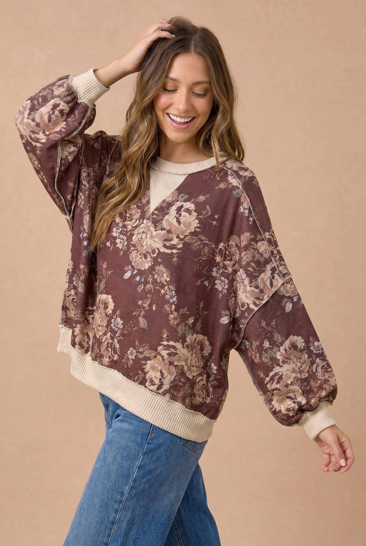 Color Block Floral Pullover Knit Top