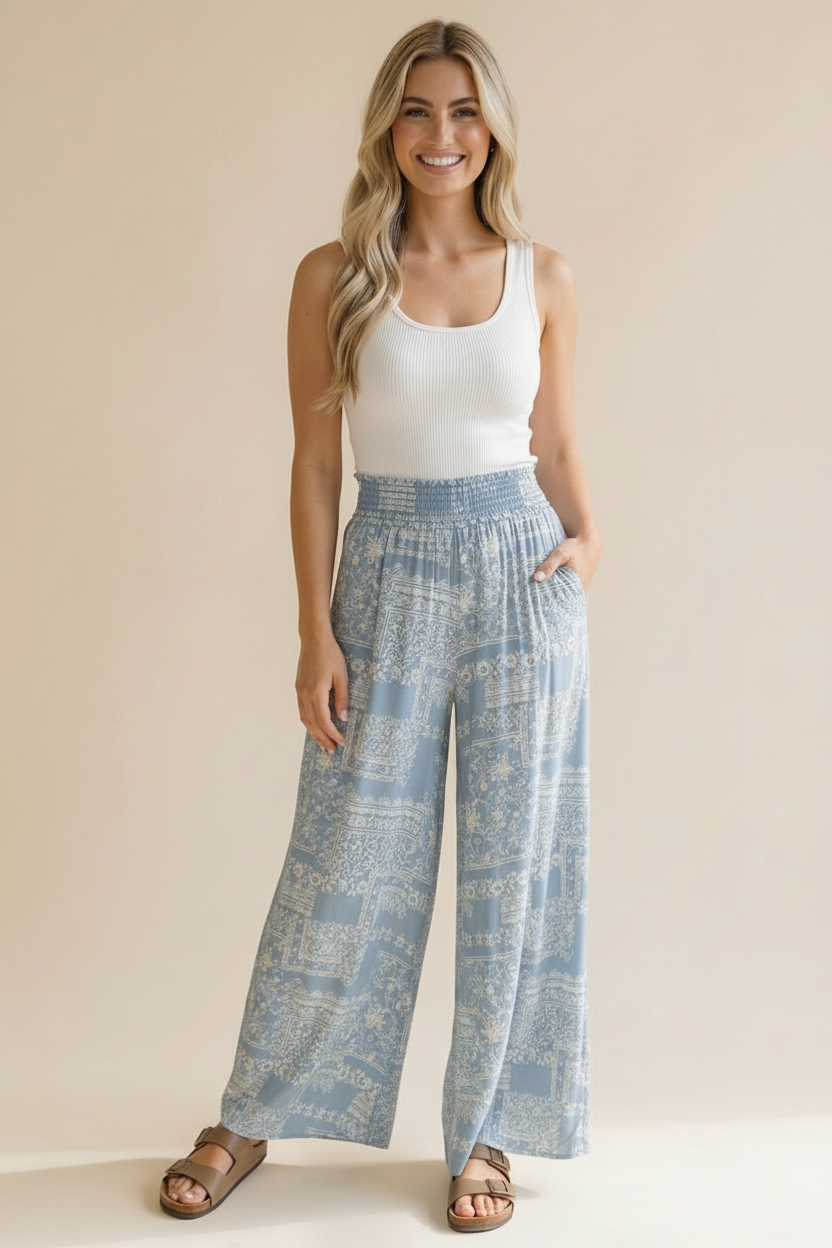 Smocked Waist Wide Leg Patchwork Ikat Pants