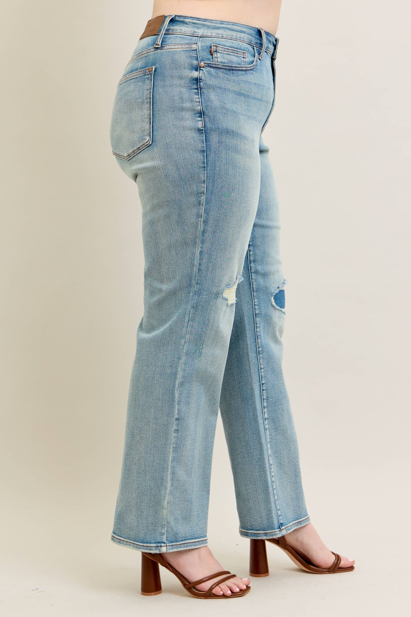 High Waisted Distressed & Knee Patch Straight- PLUS