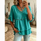 Boho Linen V Neck Blouse Eyelet Ruffle Sleeve