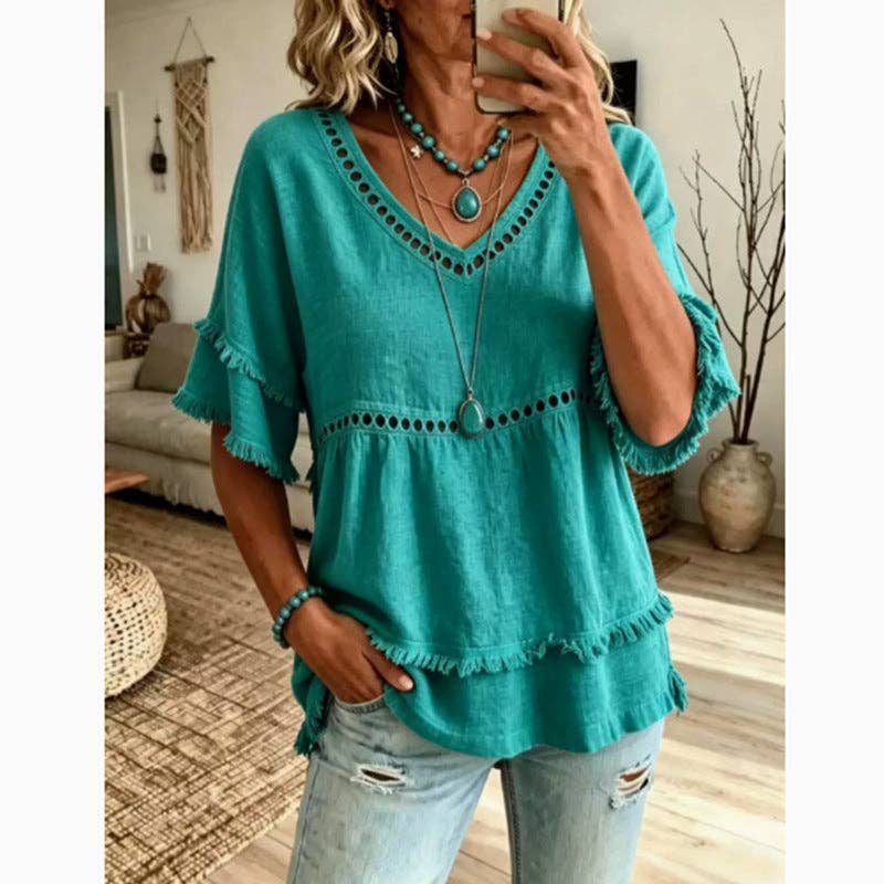 Boho Linen V Neck Blouse Eyelet Ruffle Sleeve