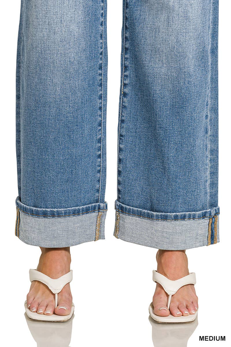 High Rise Cuffed Wide Leg Denim Pants - Zenana