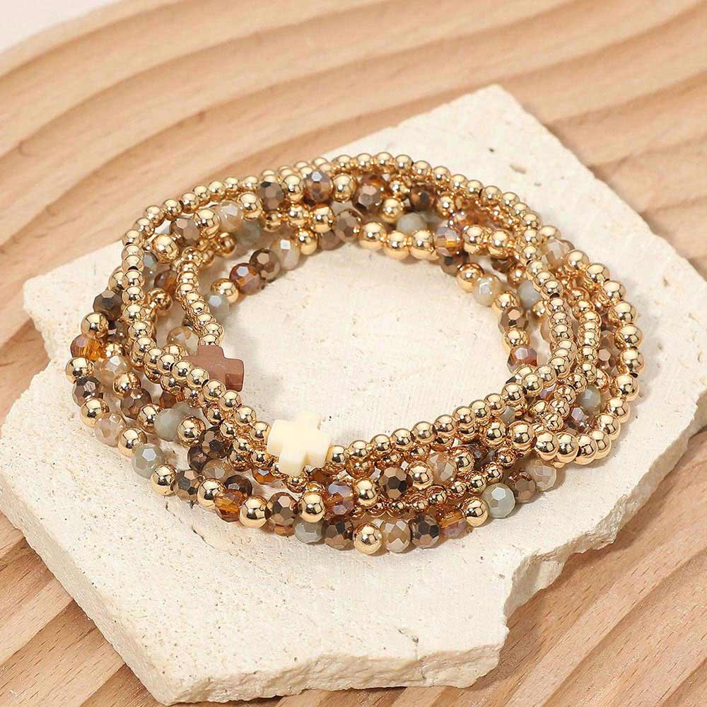 6PCS - Cross Charm Faceted Beaded Stretch Multi Layered Bracelets