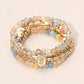 5PCS - Flower Stem Embossed Oval Charm Faceted Beaded Stretch Multi Layered Bracelets