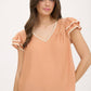 V NECK WAVY TRIM RUFFLE SLEEVE TOP