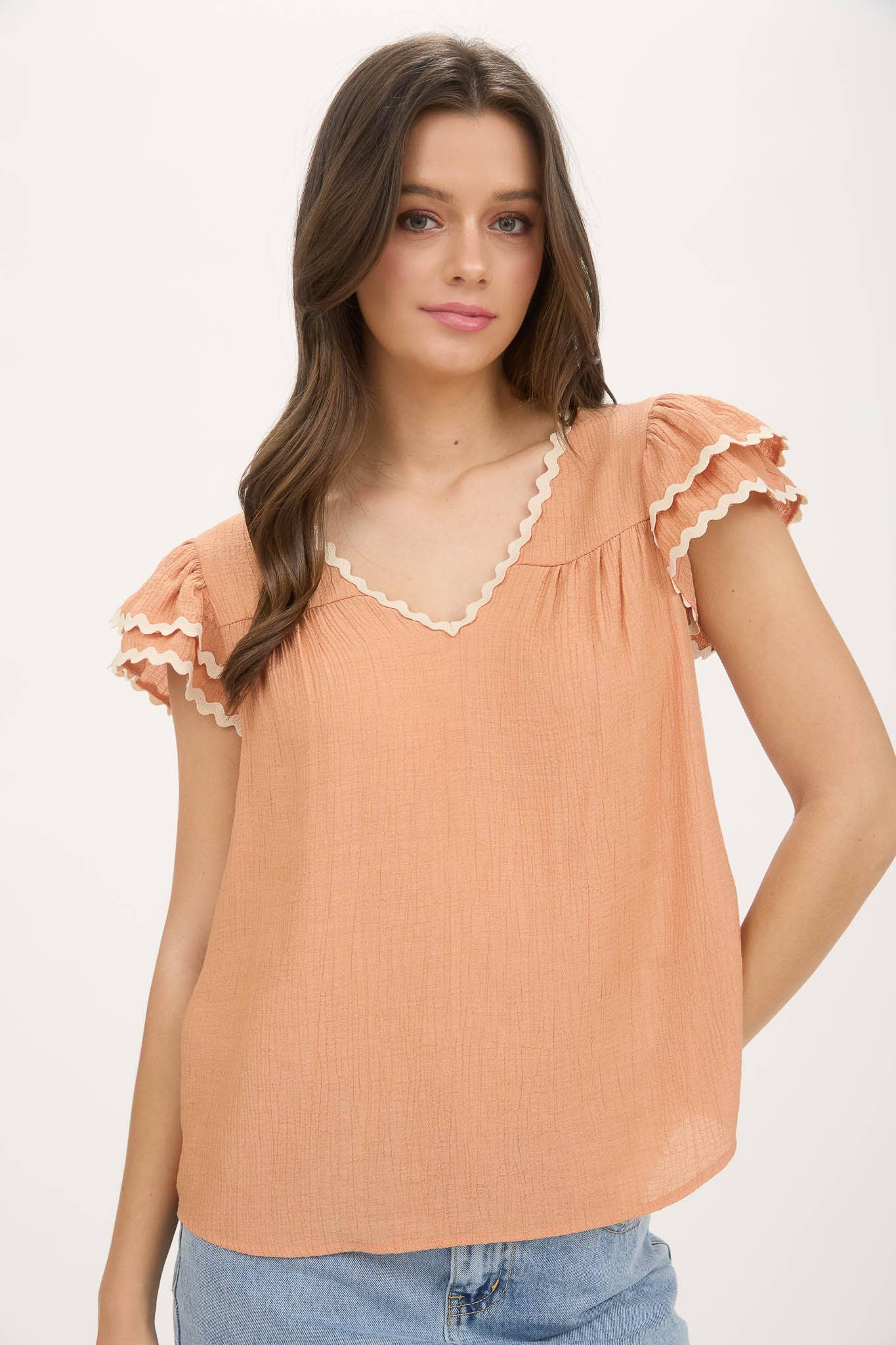 V NECK WAVY TRIM RUFFLE SLEEVE TOP