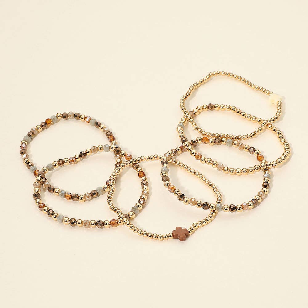 6PCS - Cross Charm Faceted Beaded Stretch Multi Layered Bracelets
