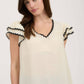 V NECK WAVY TRIM RUFFLE SLEEVE TOP
