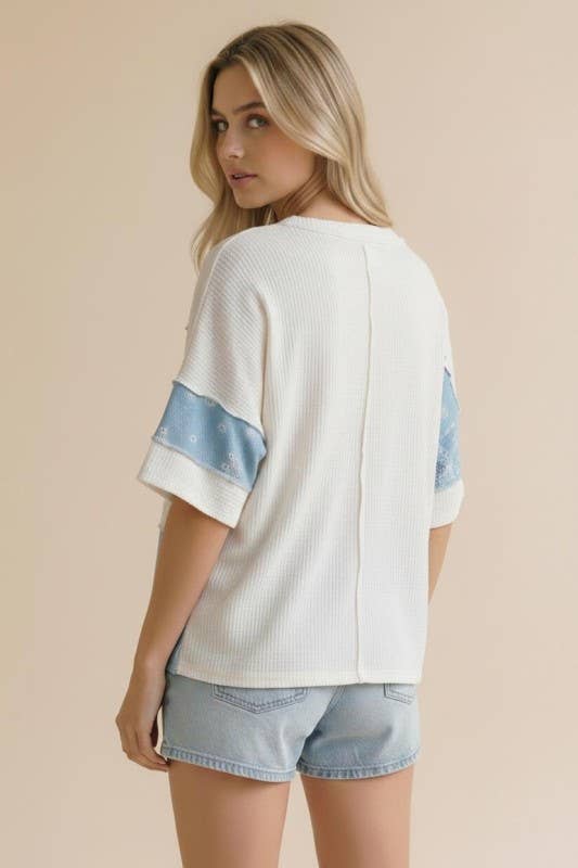 Short Sleeve Solid Rib Floral Color Block Top