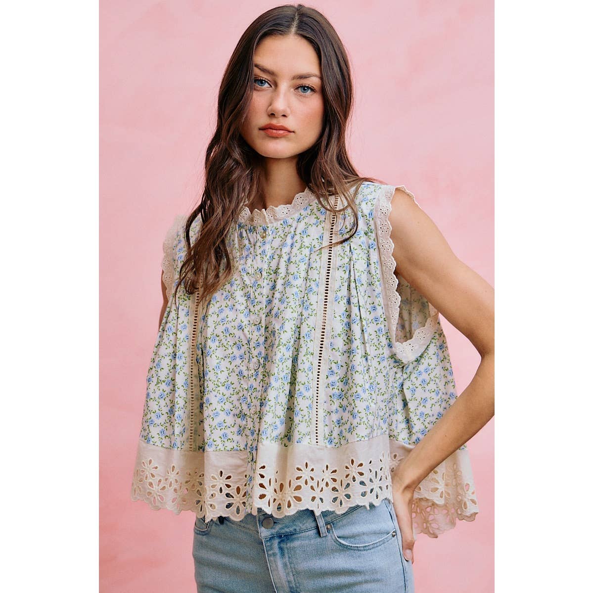 FLORAL PRINT WOVEN BUTTON DOWN TRIMMED BLOUSE TOP
