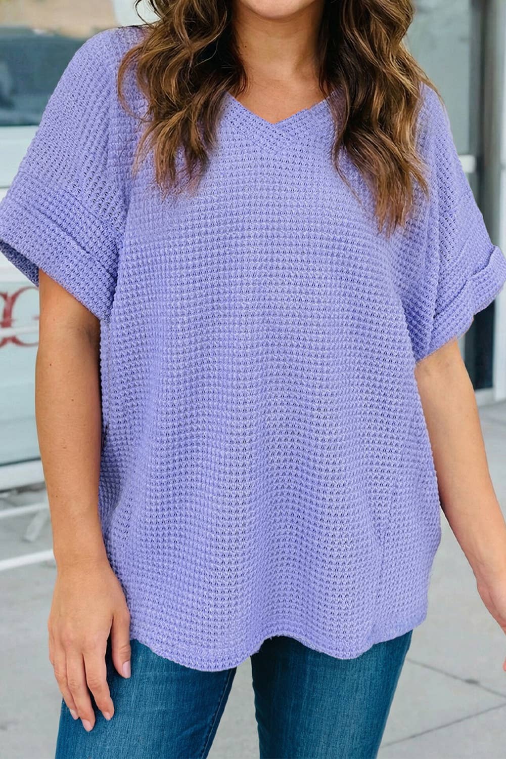 Waffle V Neck Short Sleeve Knit