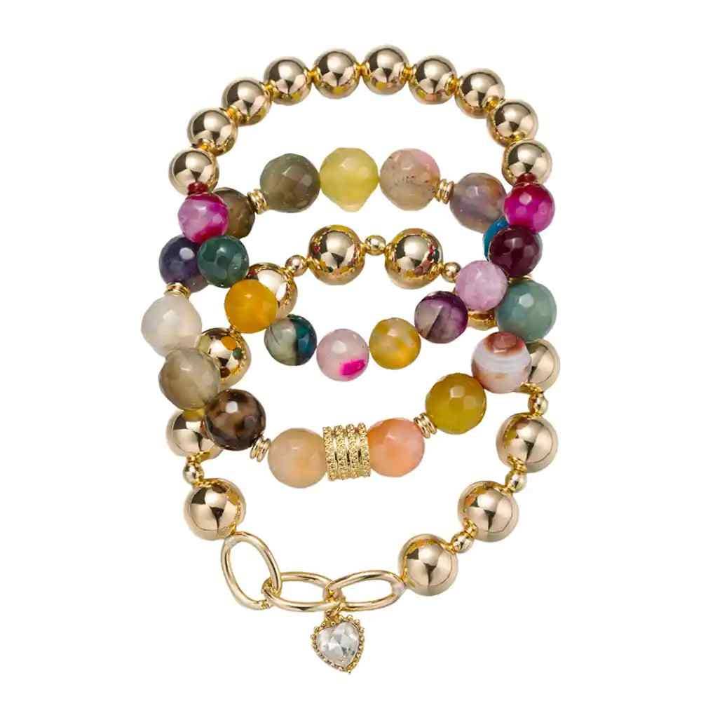 Set of 3 Agate Beaded Bracelet w/ Clear Crystal Heart Charm