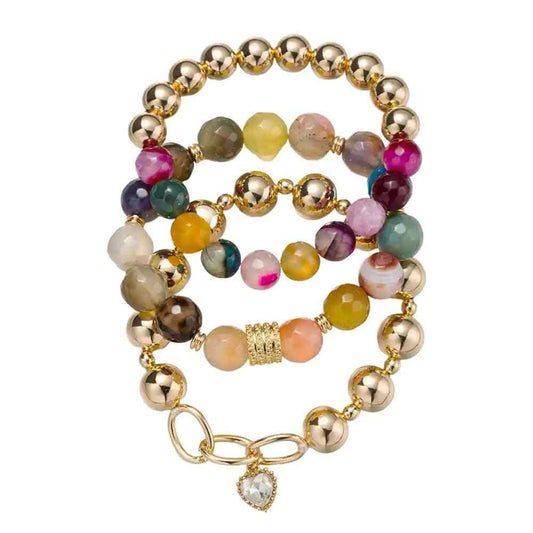 Set of 3 Agate Beaded Bracelet w/ Clear Crystal Heart Charm