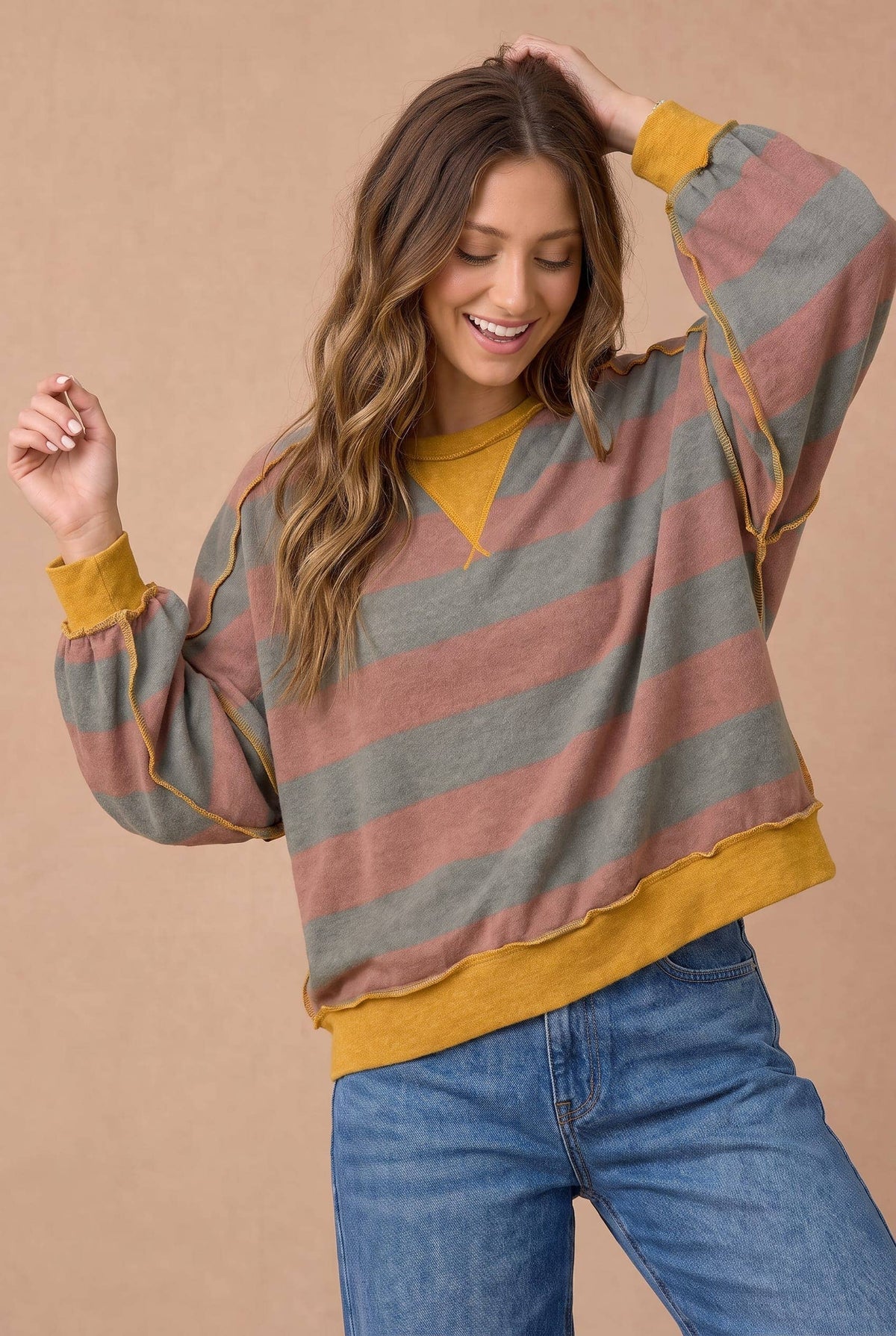 Striped Color Block Hacci Pullover Top