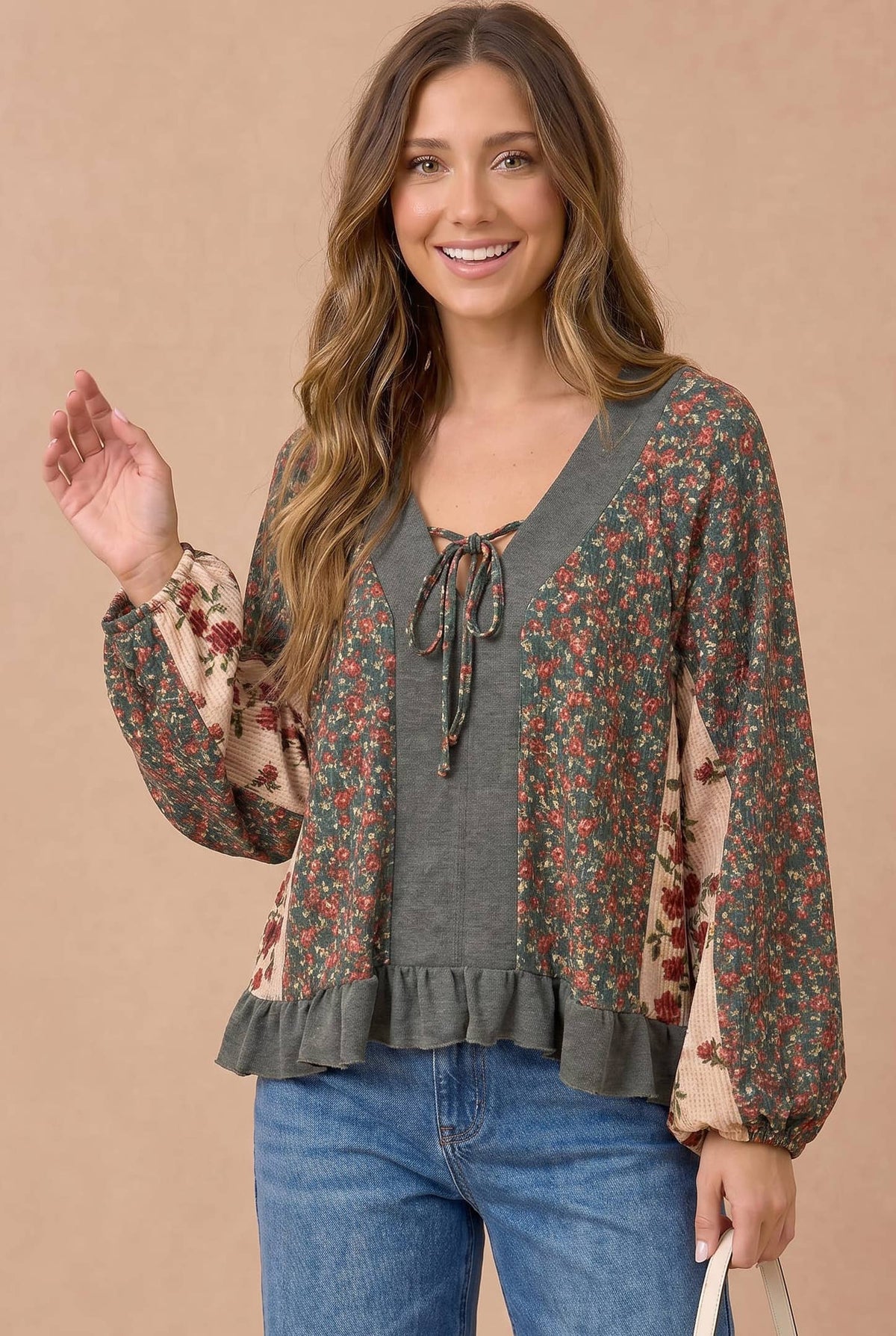 Floral Patchwork Tie Front Ruffle Hem Top