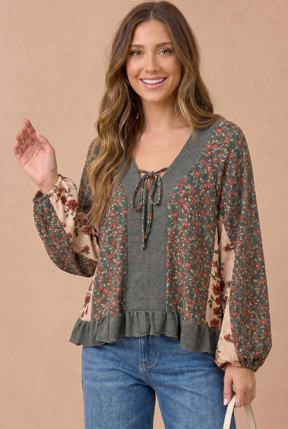 Floral Patchwork Tie Front Ruffle Hem Top