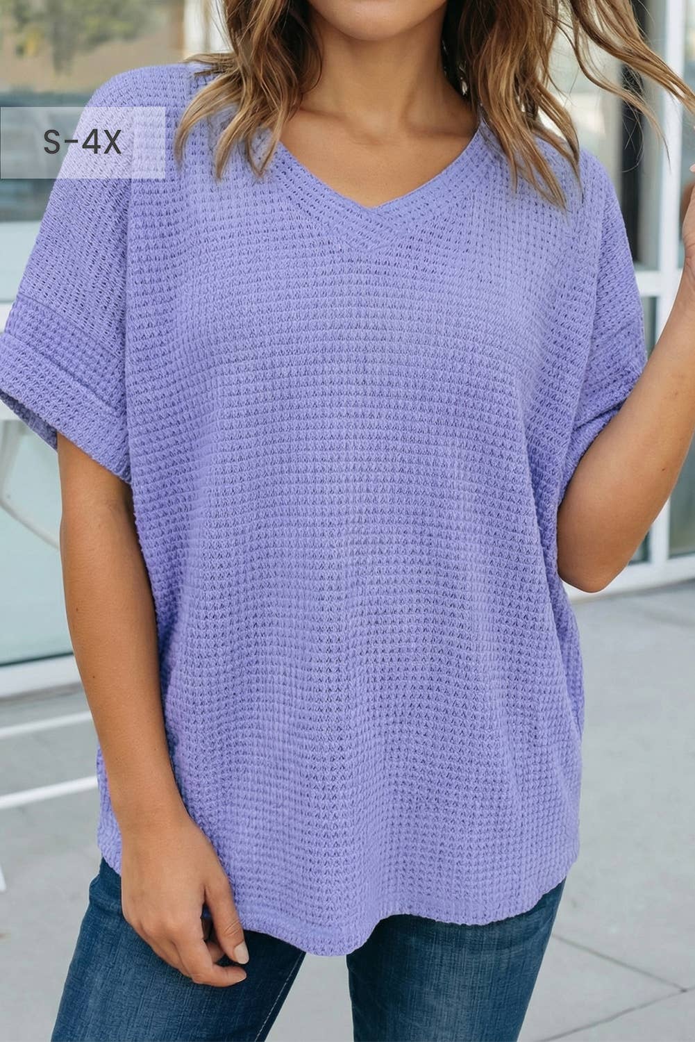 Waffle V Neck Short Sleeve Knit