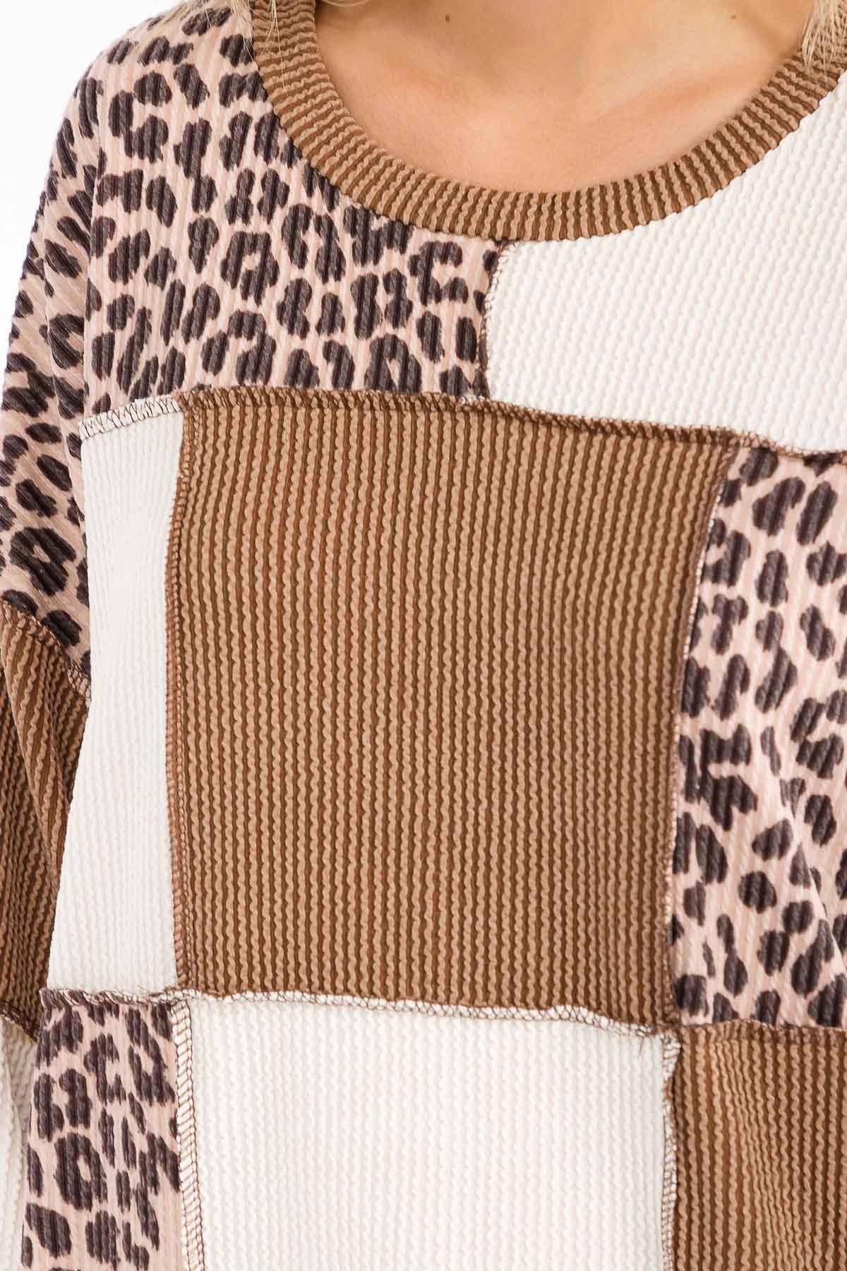Leopard Patchwork Color Block Rib Knit Pullover Top