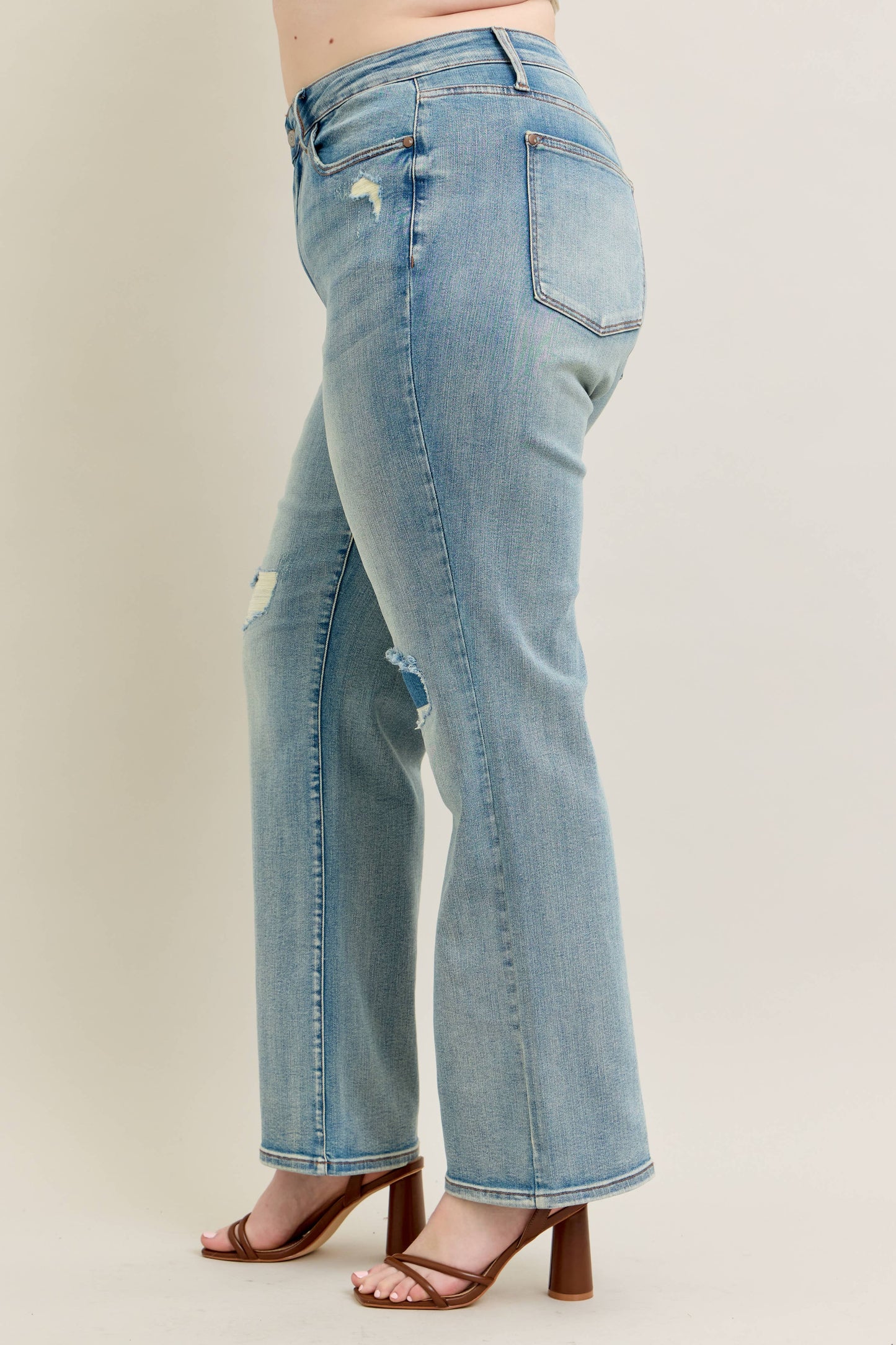 High Waisted Distressed & Knee Patch Straight- PLUS
