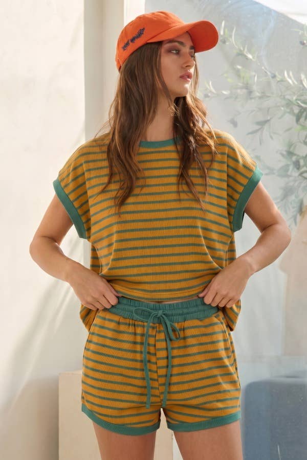 Contrast Striped Round Neck Top & Shorts Set Loungewear
