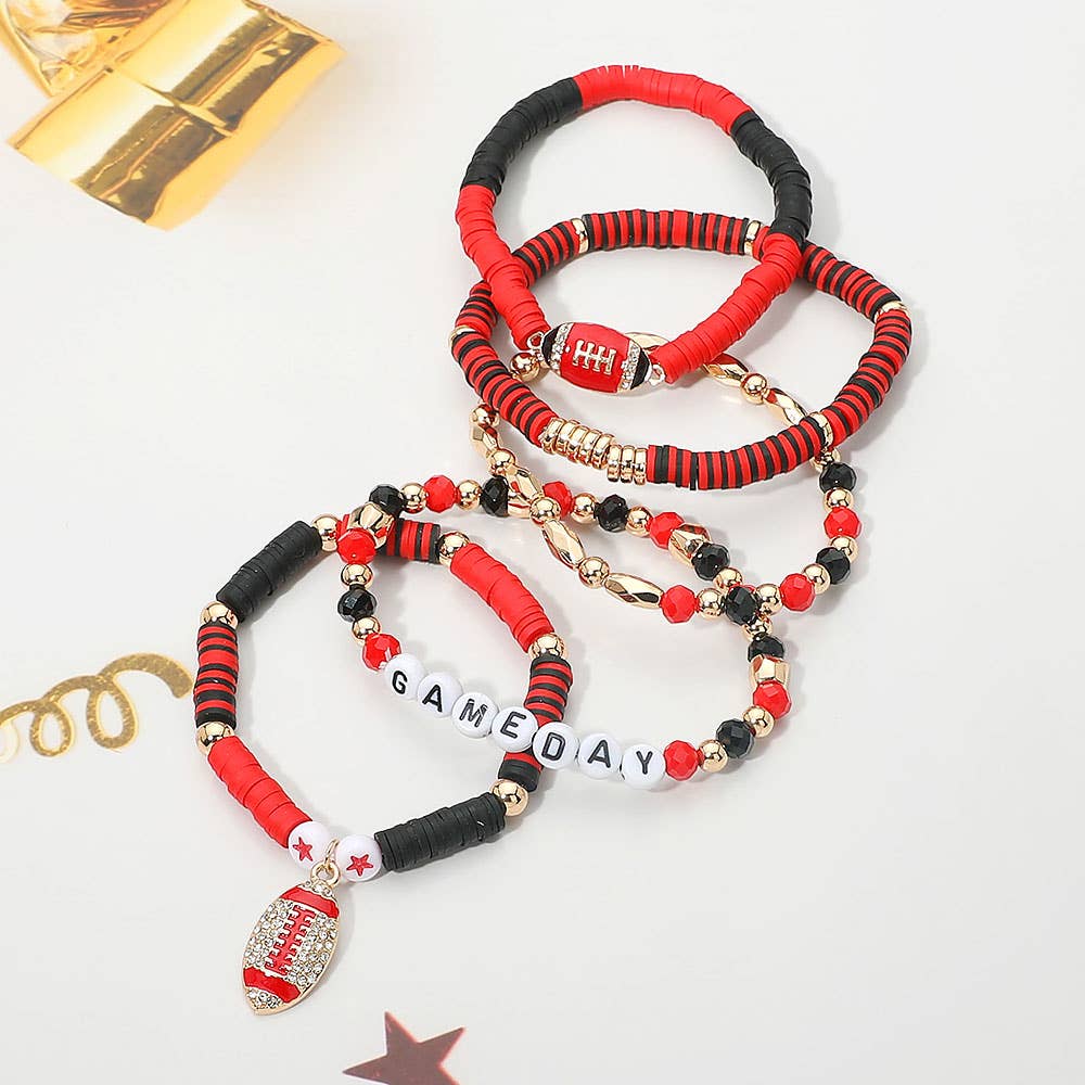 5PCS - GAME DAY Football Charm Heishi Faceted Beaded Stretch Multi Layered Bracelets